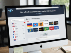 How to Create a Country-Specific IPTV M3U Playlist Diagram showing the structure of a standard M3U URL for IPTV, with placeholders for host, port, username, and password. IPTV M3U Playlist