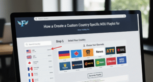 How to Create a Country-Specific IPTV M3U Playlist Diagram showing the structure of a standard M3U URL for IPTV, with placeholders for host, port, username, and password. IPTV M3U Playlist