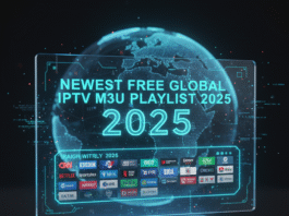 Futuristic holographic display reading ‘Newest Free Global IPTV M3U Playlist 2025’ over a glowing digital globe.