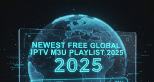 Newest Free Global IPTV M3u Playlist 28.11.2025 Futuristic holographic display reading ‘Newest Free Global IPTV M3U Playlist 2025’ over a glowing digital globe.