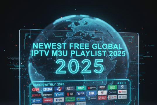 Newest Free Global IPTV M3u Playlist 28.11.2025 Futuristic holographic display reading ‘Newest Free Global IPTV M3U Playlist 2025’ over a glowing digital globe.