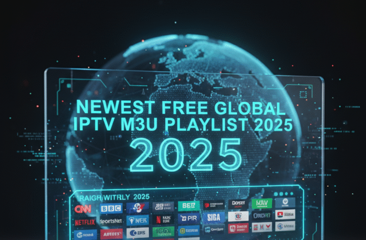 Futuristic holographic display reading ‘Newest Free Global IPTV M3U Playlist 2025’ over a glowing digital globe.